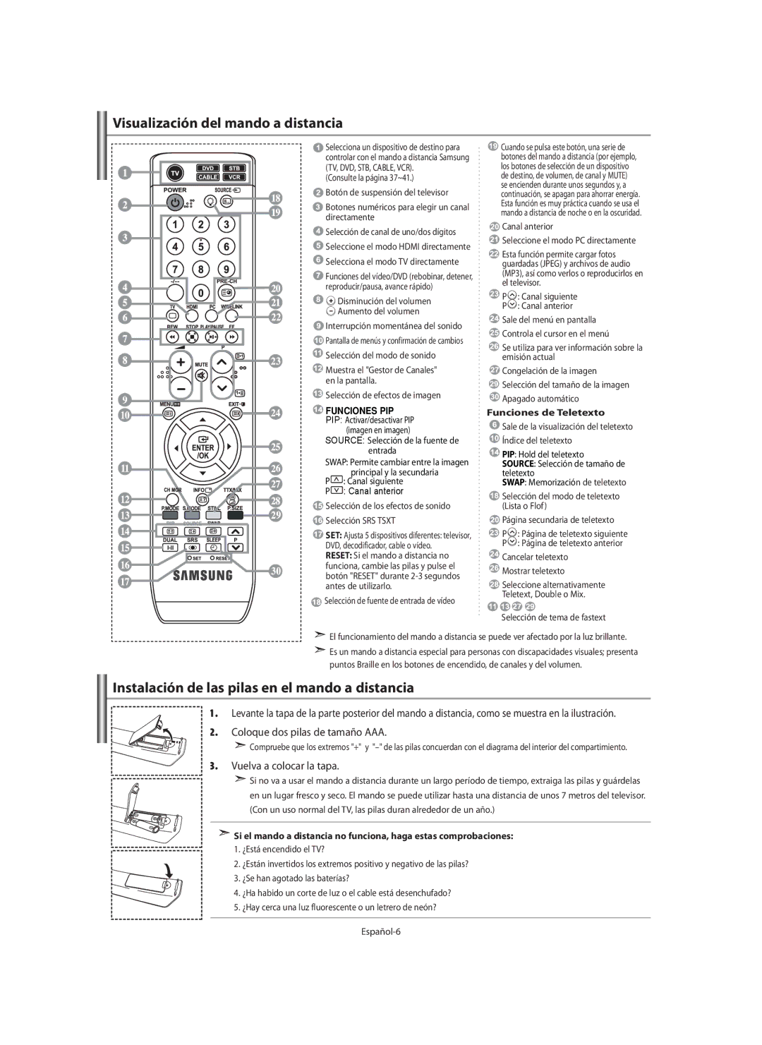 Samsung LE40M9 manual Visualización del mando a distancia, Instalación de las pilas en el mando a distancia 