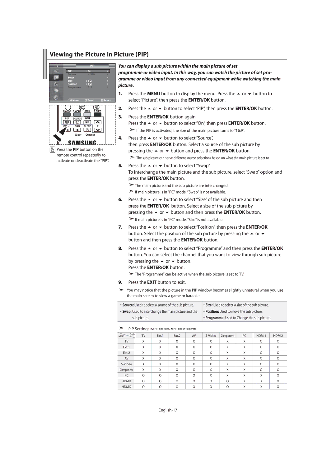 Samsung LE40M9 manual Viewing the Picture In Picture PIP, Press the ENTER/OK button again, Press Button to select Source 