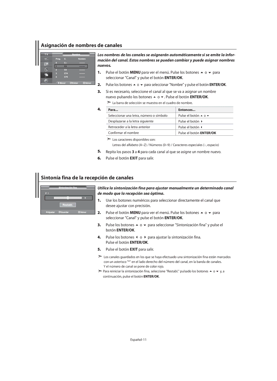 Samsung LE40M9 manual Asignación de nombres de canales, Sintonía fina de la recepción de canales, Para Entonces 