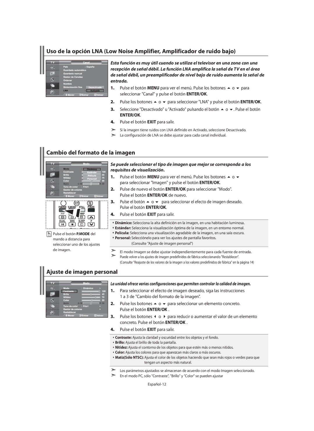 Samsung LE40M9 manual Cambio del formato de la imagen, Ajuste de imagen personal, Concreto. Pulse el botón ENTER/OK 