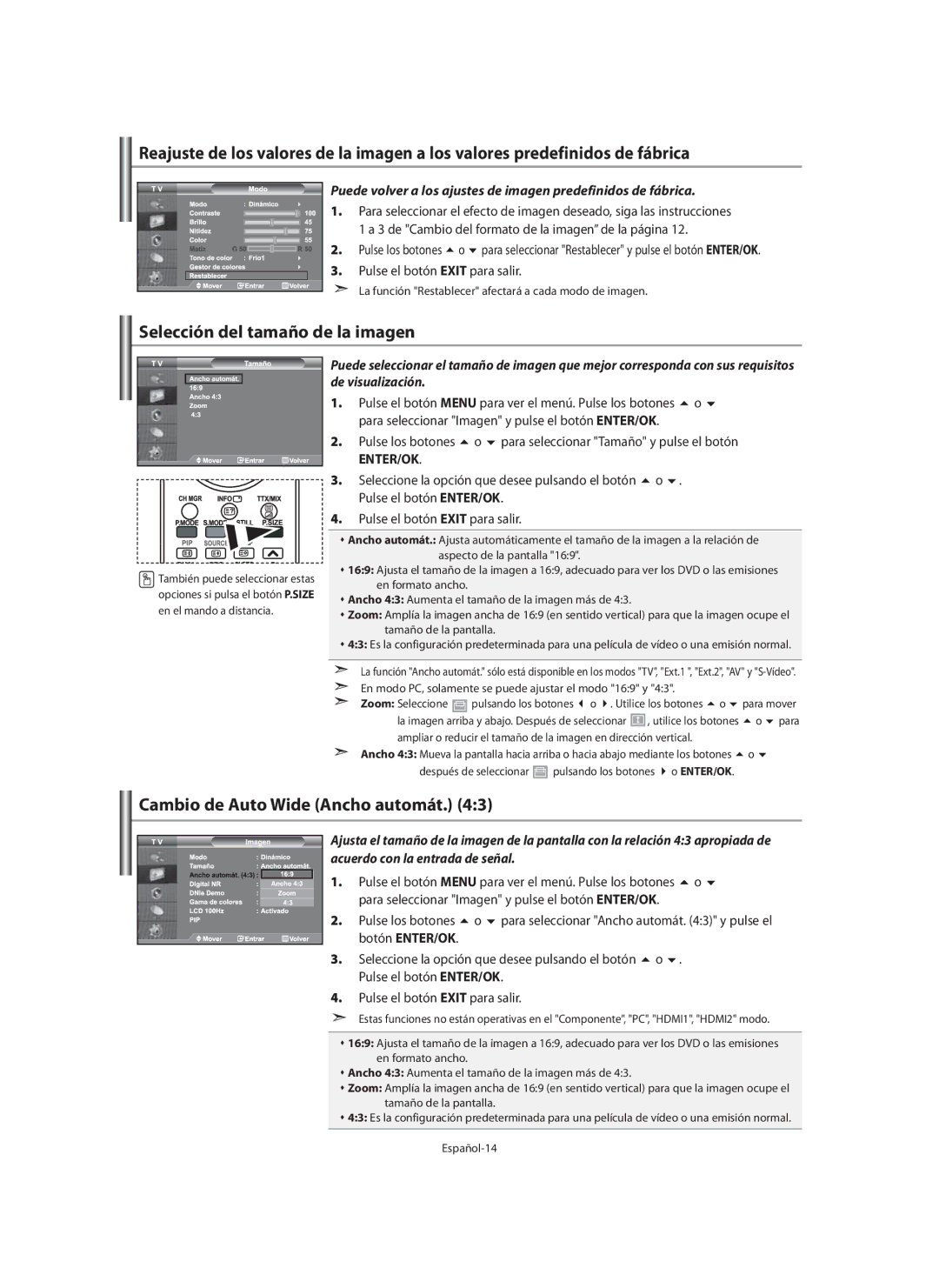 Samsung LE40M9 manual Selección del tamaño de la imagen, Cambio de Auto Wide Ancho automát 