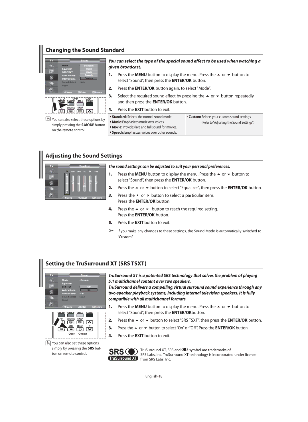 Samsung LE40M9 manual Changing the Sound Standard, Adjusting the Sound Settings, Setting the TruSurround XT SRS Tsxt 