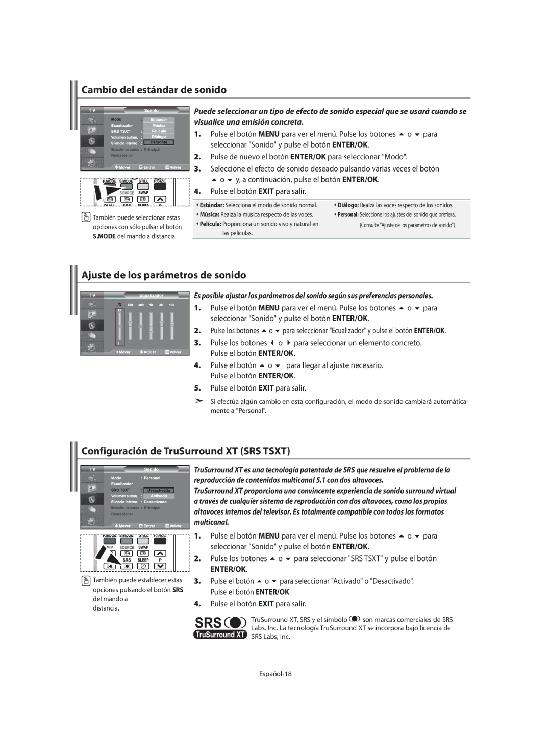 Samsung LE40M9 Cambio del estándar de sonido, Ajuste de los parámetros de sonido, Configuración de TruSurround XT SRS Tsxt 