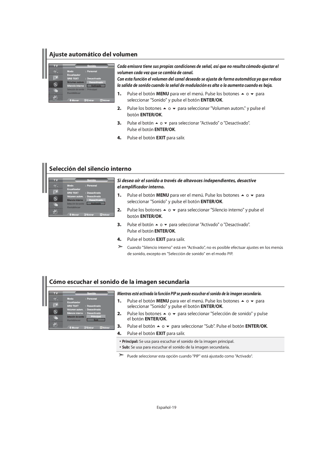 Samsung LE40M9 manual Ajuste automático del volumen, Selección del silencio interno 