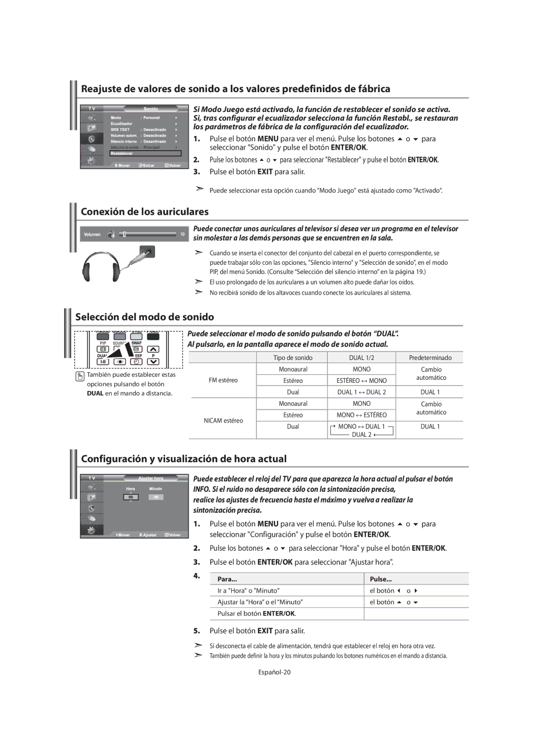 Samsung LE40M9 Conexión de los auriculares, Selección del modo de sonido, Configuración y visualización de hora actual 