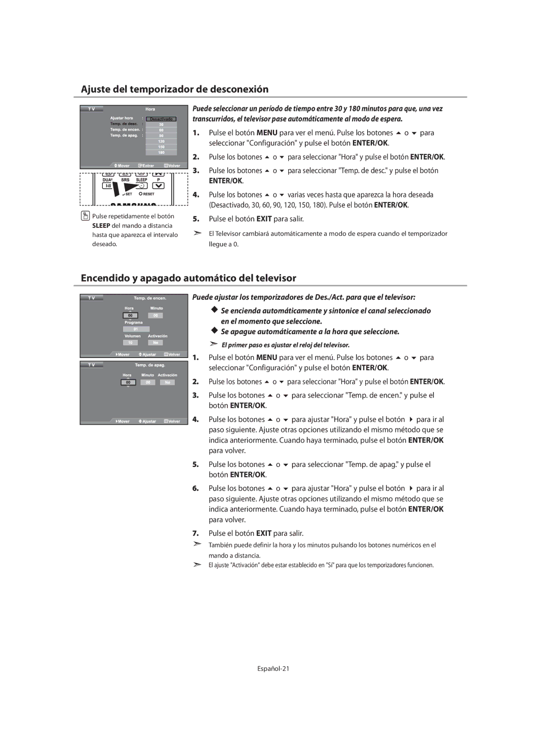 Samsung LE40M9 manual Ajuste del temporizador de desconexión, Encendido y apagado automático del televisor, Para 