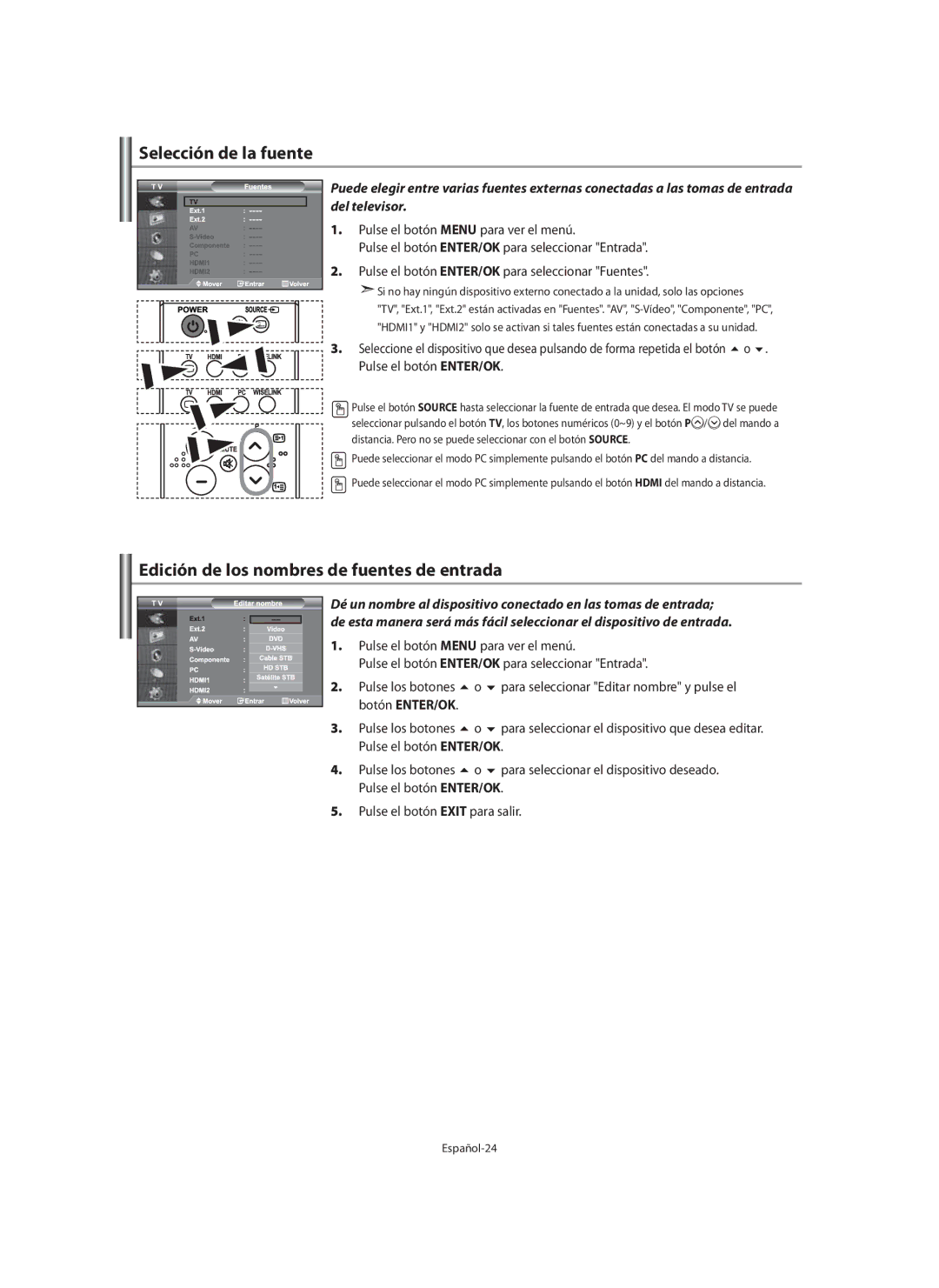 Samsung LE40M9 manual Selección de la fuente, Edición de los nombres de fuentes de entrada, Español-24 