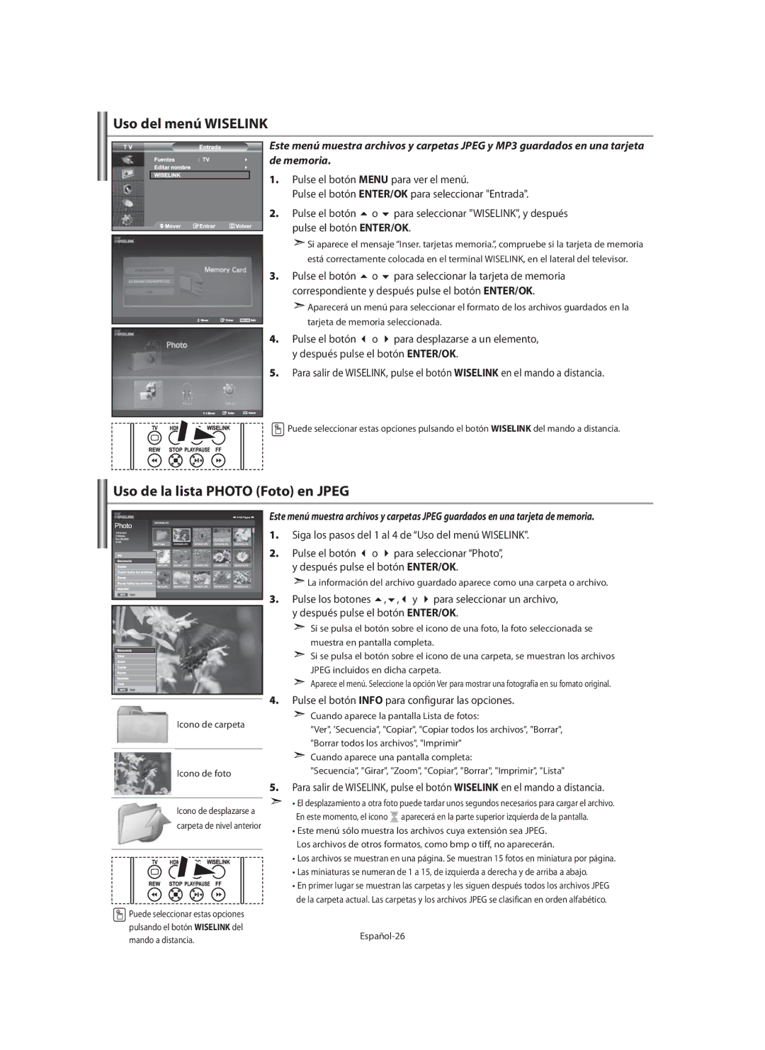 Samsung LE40M9 Uso del menú Wiselink, Uso de la lista Photo Foto en Jpeg, Pulse el botón Info para configurar las opciones 