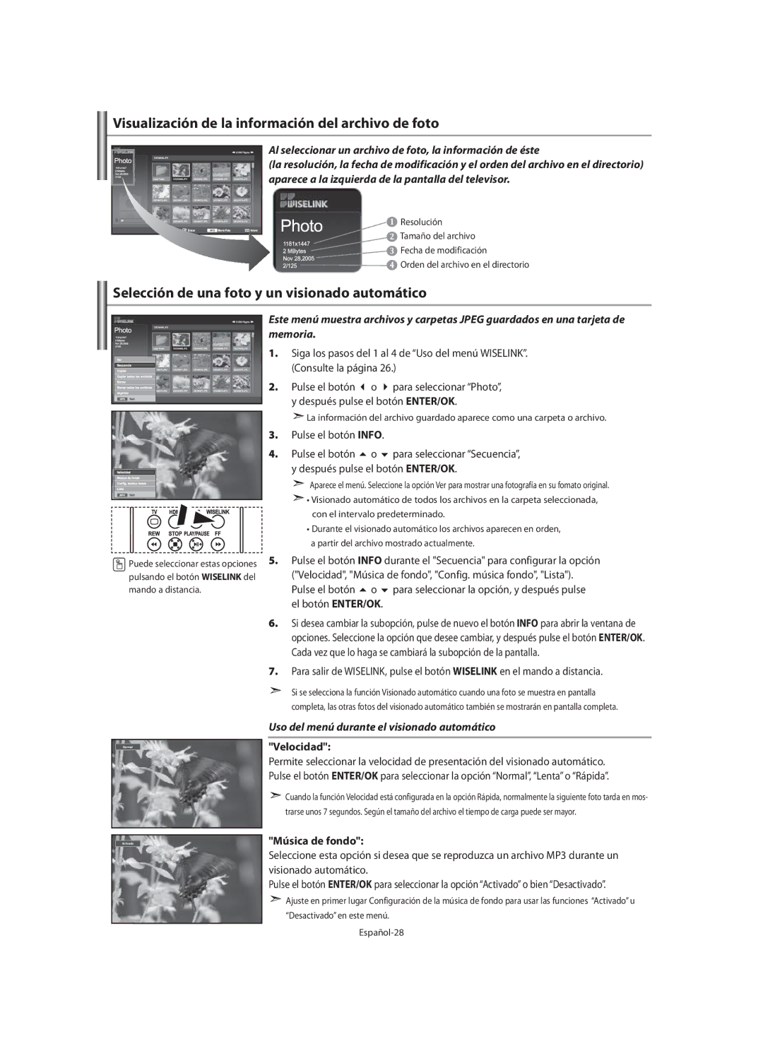 Samsung LE40M9 manual Visualización de la información del archivo de foto, Selección de una foto y un visionado automático 