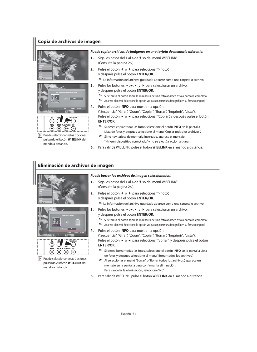 Samsung LE40M9 manual Copia de archivos de imagen, Eliminación de archivos de imagen, Mando a distancia, Español-31 