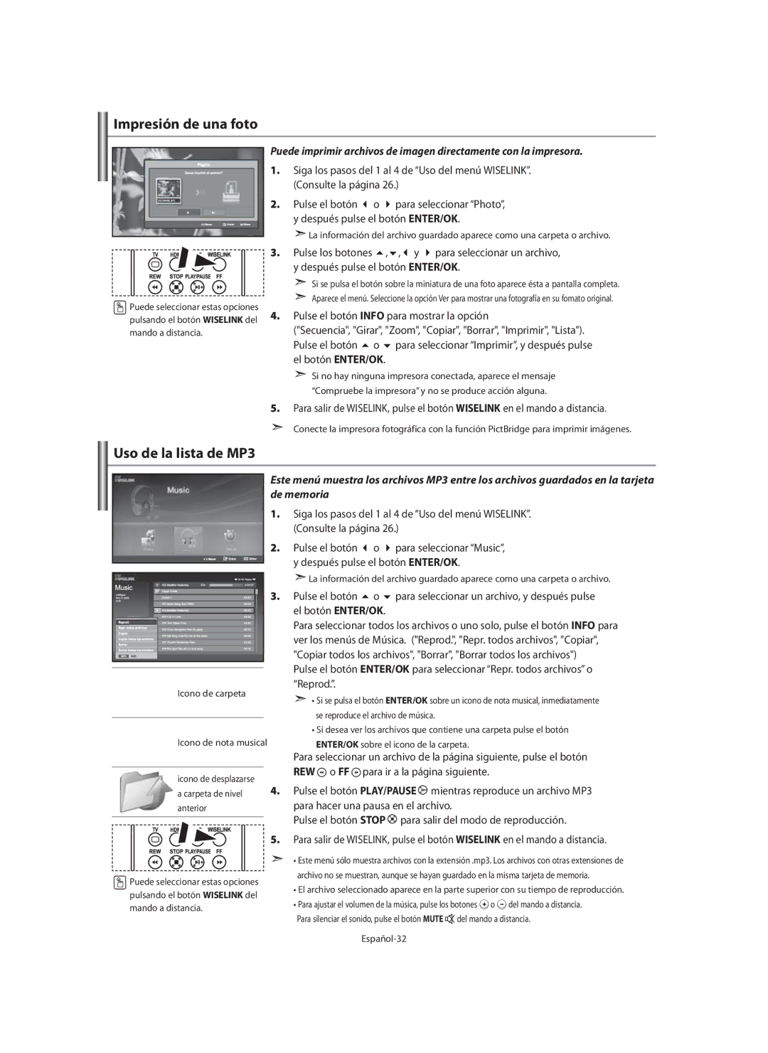 Samsung LE40M9 manual Impresión de una foto, Uso de la lista de MP3, Español-32 