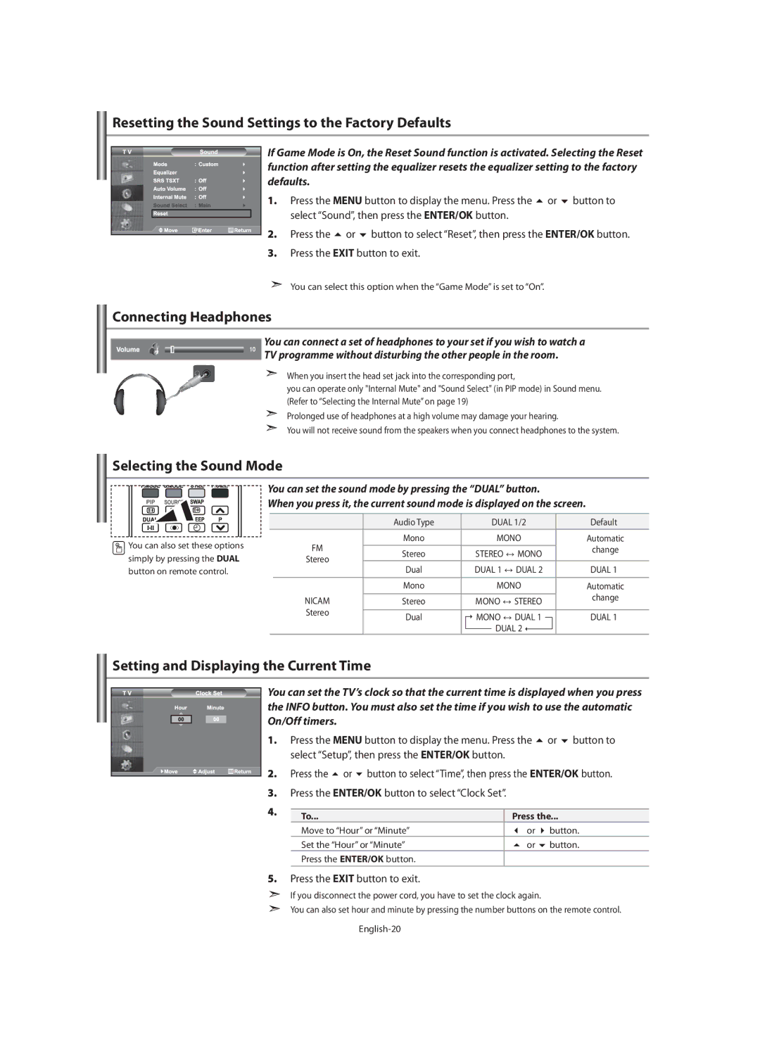 Samsung LE40M9 manual Resetting the Sound Settings to the Factory Defaults, Connecting Headphones, Selecting the Sound Mode 