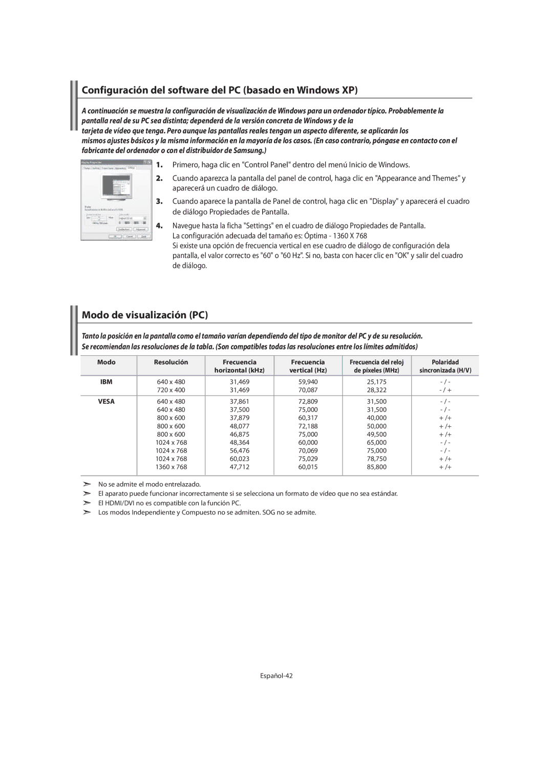 Samsung LE40M9 manual Configuración del software del PC basado en Windows XP, Modo de visualización PC, Polaridad 