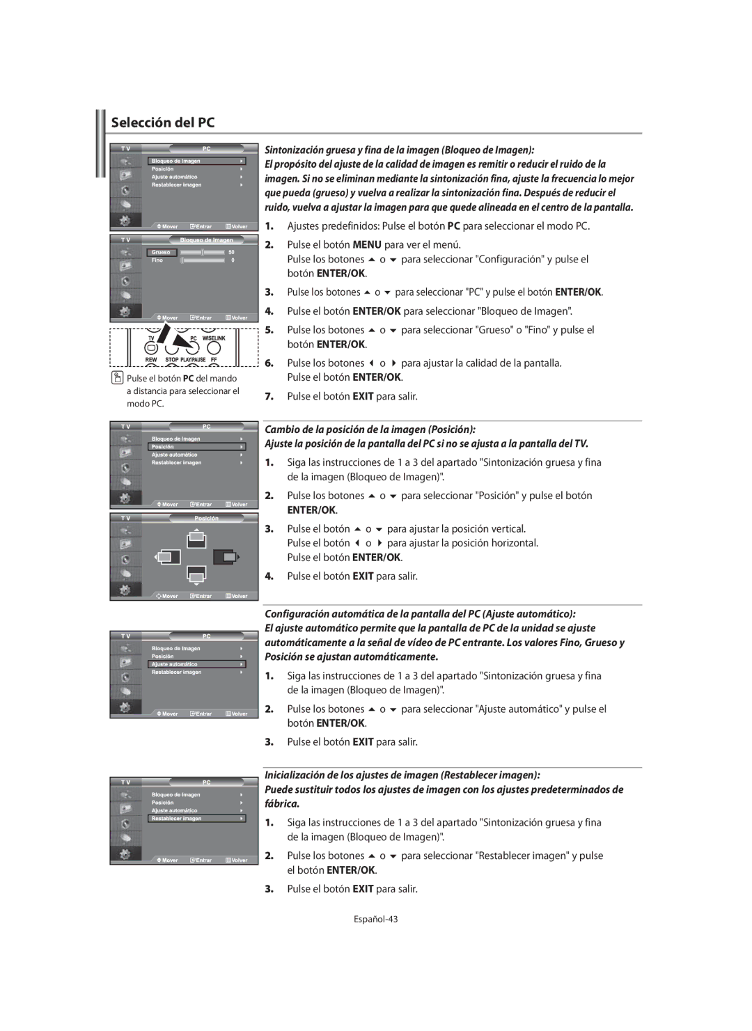 Samsung LE40M9 manual Selección del PC, Sintonización gruesa y fina de la imagen Bloqueo de Imagen, Español-43 