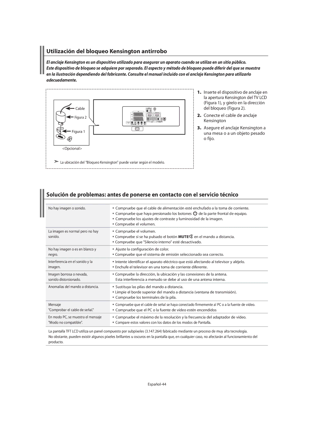 Samsung LE40M9 manual Utilización del bloqueo Kensington antirrobo, Figura 