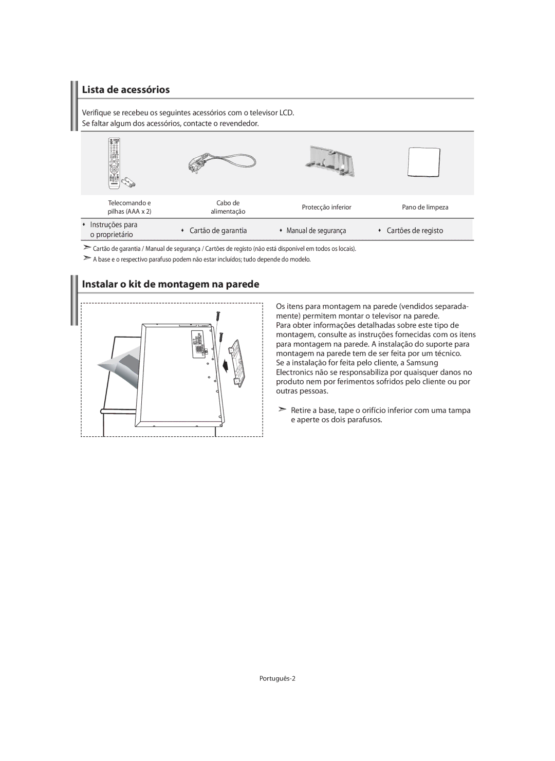 Samsung LE40M9 manual Lista de acessórios, Instalar o kit de montagem na parede, Telecomando e, Português-2 