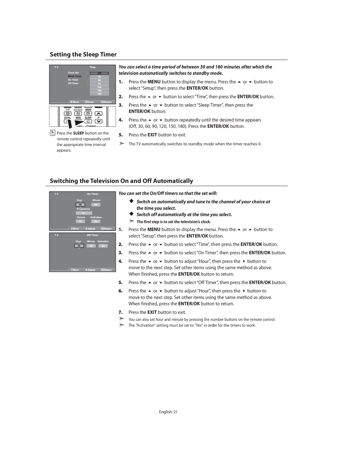 Samsung LE40M9 manual Setting the Sleep Timer, Switching the Television On and Off Automatically 