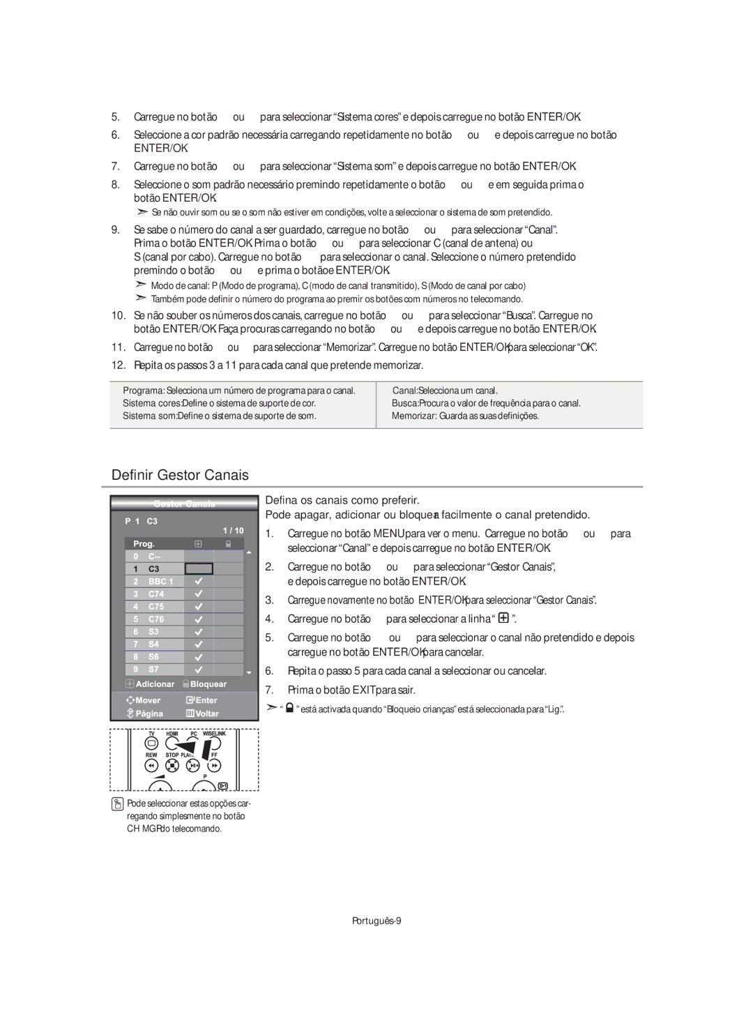 Samsung LE40M9 manual Definir Gestor Canais, Botão ENTER/OK 