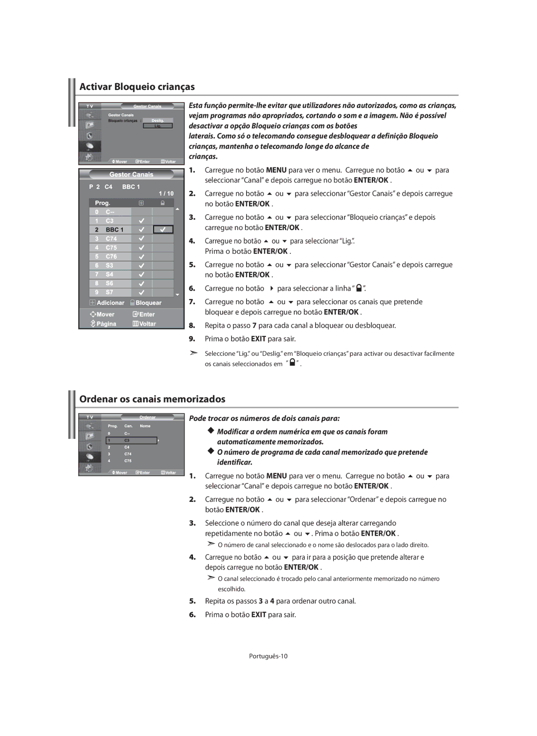 Samsung LE40M9 manual Activar Bloqueio crianças, Ordenar os canais memorizados, Crianças 