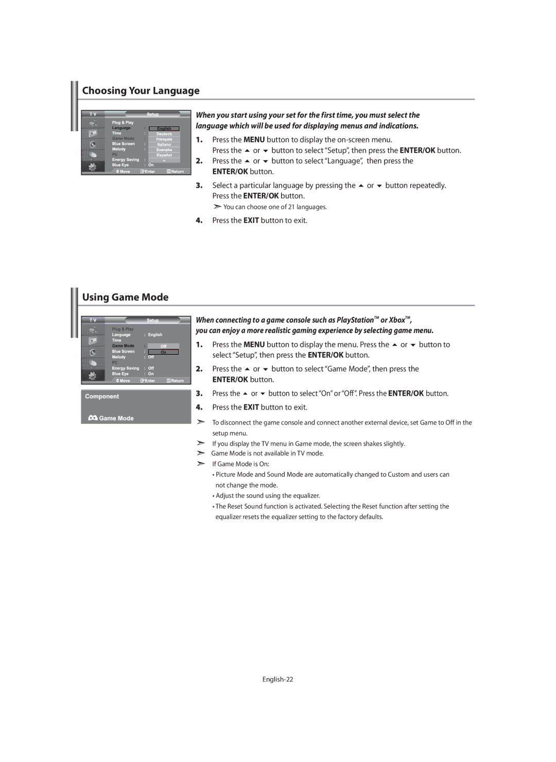 Samsung LE40M9 manual Choosing Your Language, Using Game Mode, Press the Menu button to display the on-screen menu 