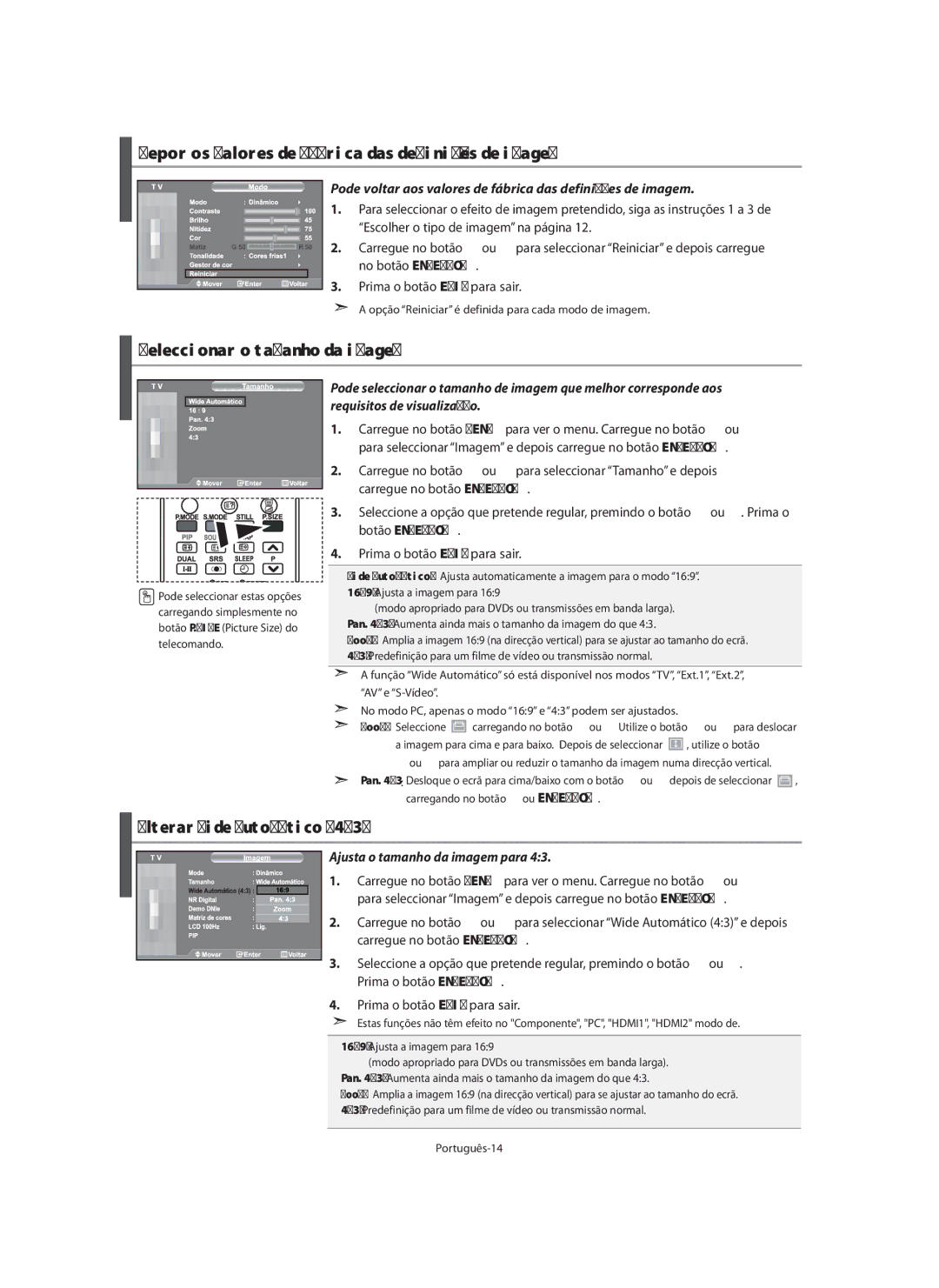 Samsung LE40M9 manual Repor os valores de fábrica das definições de imagem, Seleccionar o tamanho da imagem 