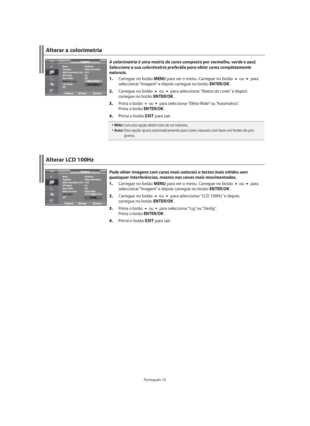 Samsung LE40M9 manual Alterar a colorimetria, Alterar LCD 100Hz, Português-16 