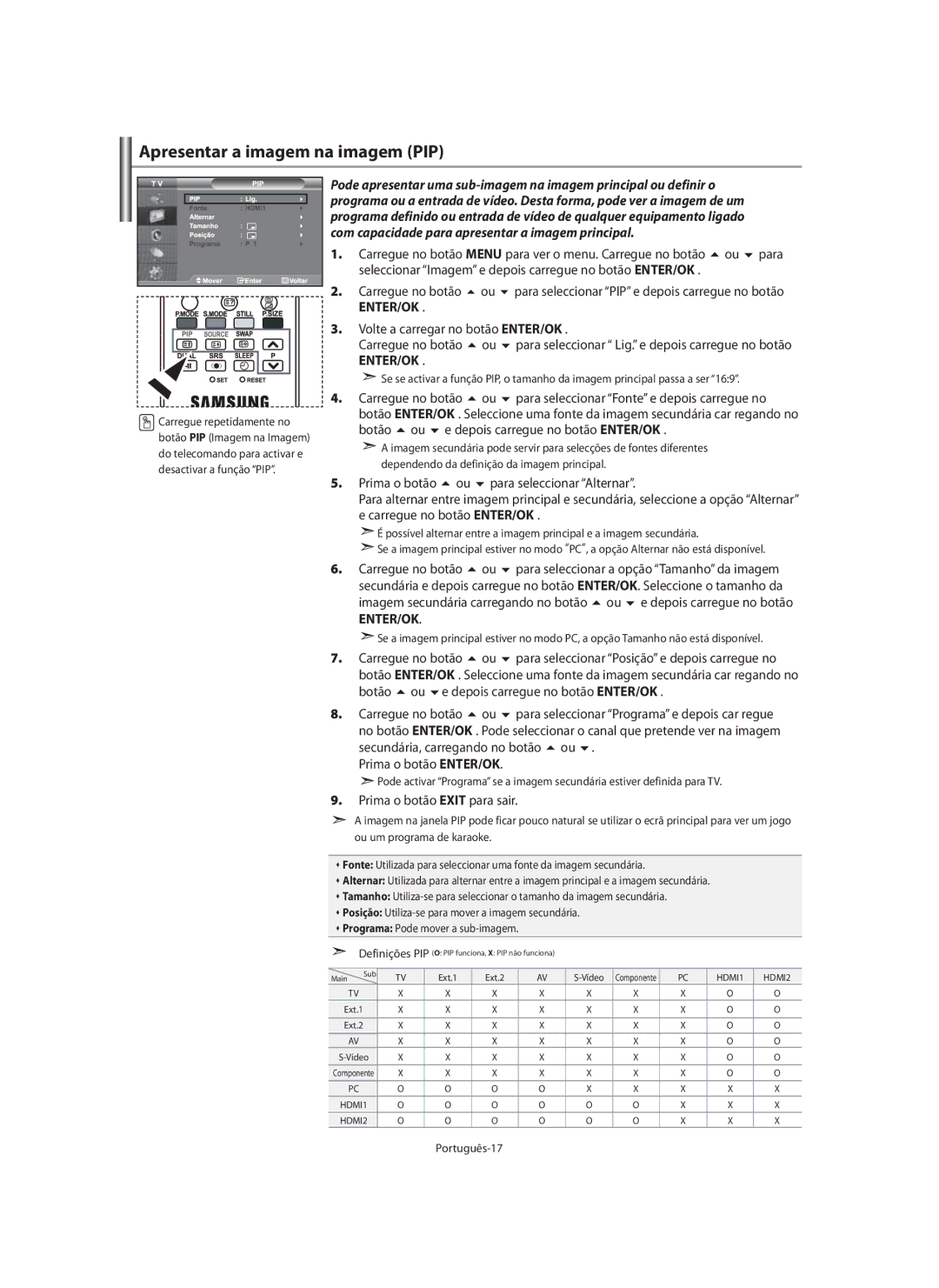 Samsung LE40M9 manual Apresentar a imagem na imagem PIP, Volte a carregar no botão ENTER/OK, Para seleccionar Alternar 