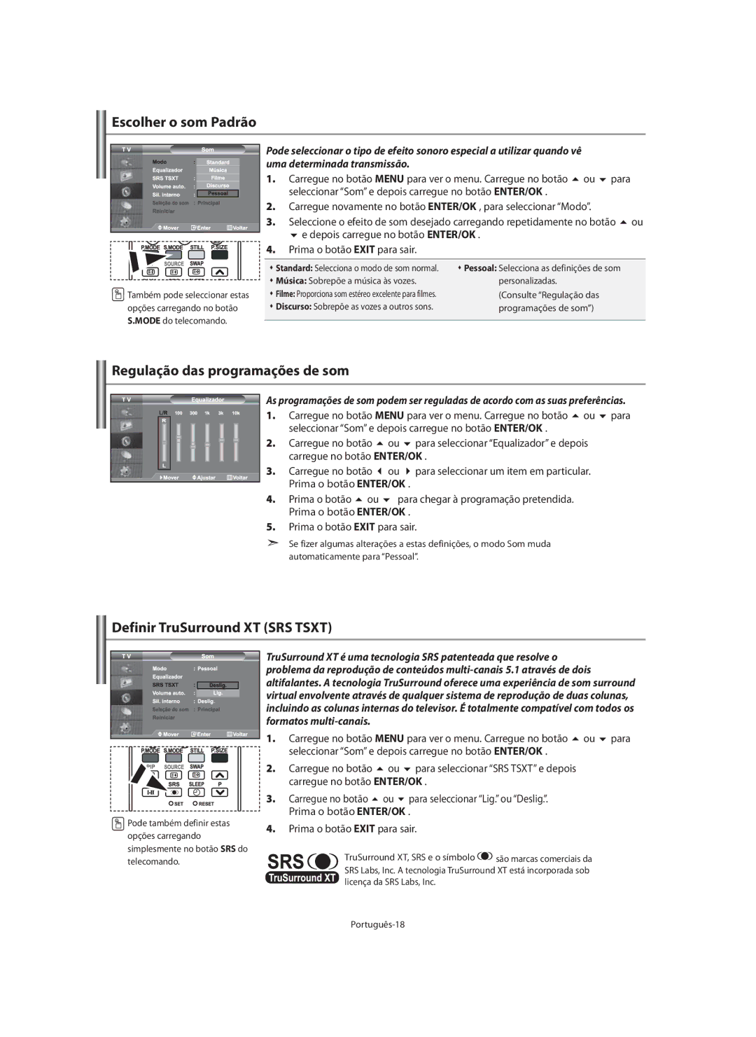 Samsung LE40M9 manual Escolher o som Padrão, Regulação das programações de som, Definir TruSurround XT SRS Tsxt 