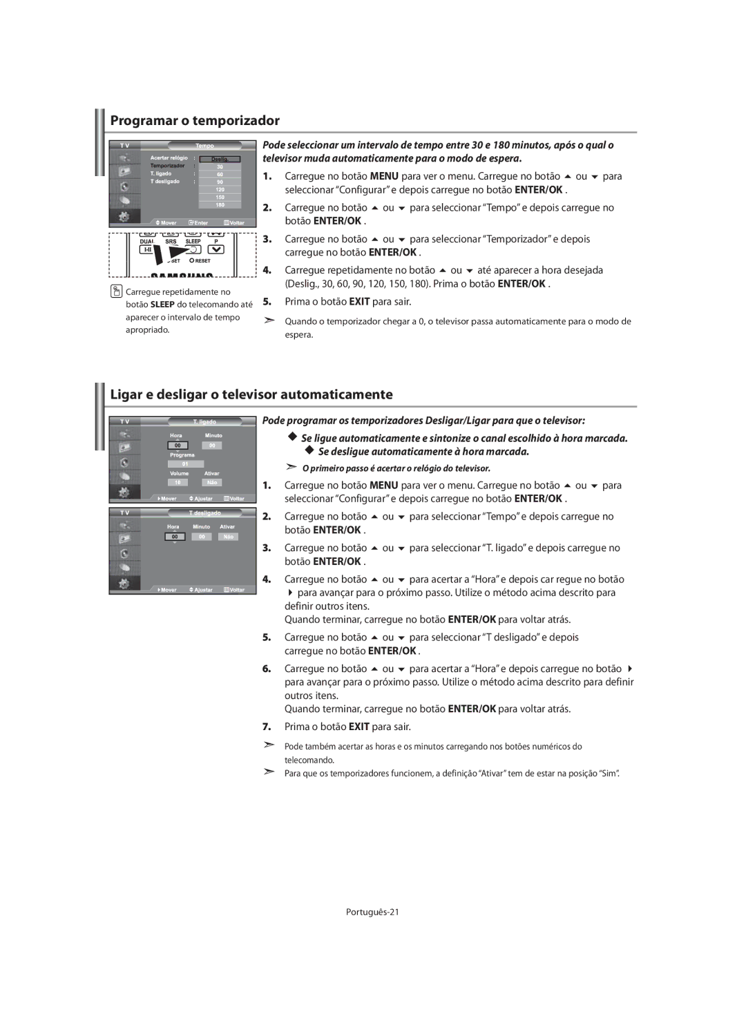 Samsung LE40M9 manual Programar o temporizador, Ligar e desligar o televisor automaticamente 