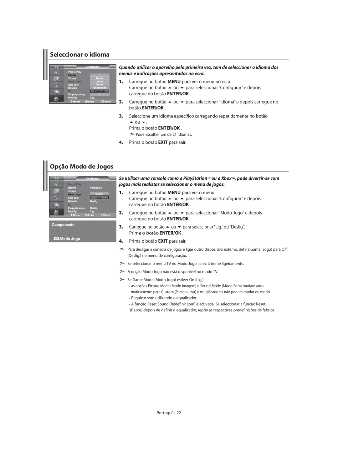 Samsung LE40M9 manual Seleccionar o idioma, Opção Modo de Jogos 