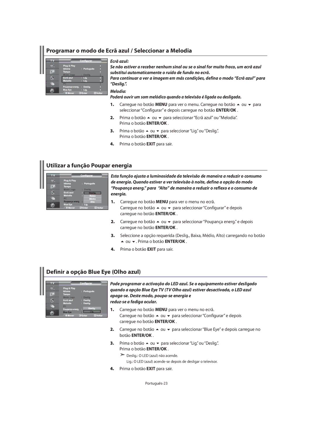 Samsung LE40M9 manual Programar o modo de Ecrã azul / Seleccionar a Melodia, Utilizar a função Poupar energia 