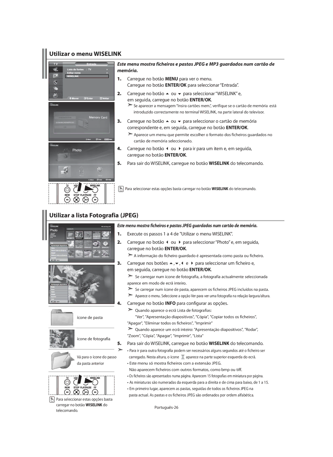 Samsung LE40M9 manual Utilizar o menu Wiselink, Utilizar a lista Fotografia Jpeg, Ícone de pasta Ícone de fotografia 