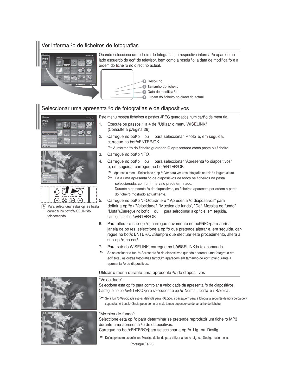 Samsung LE40M9 manual Ver informação de ficheiros de fotografias, Utilizar o menu durante uma apresentação de diapositivos 