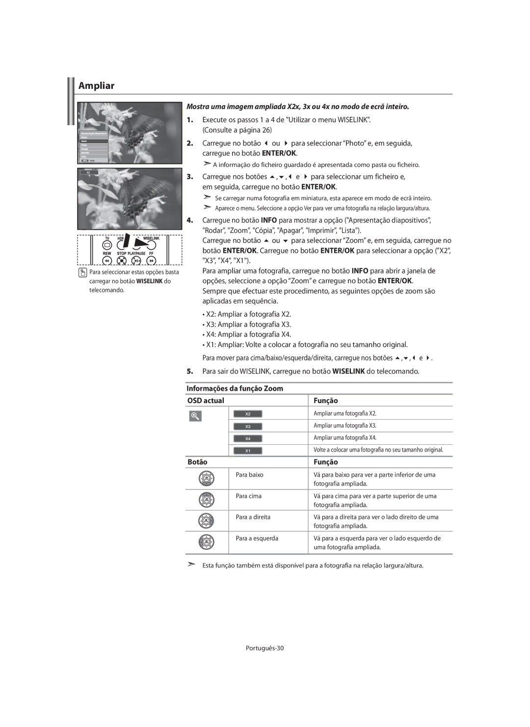 Samsung LE40M9 manual Ampliar, Informações da função Zoom OSD actual Função, Botão Função 