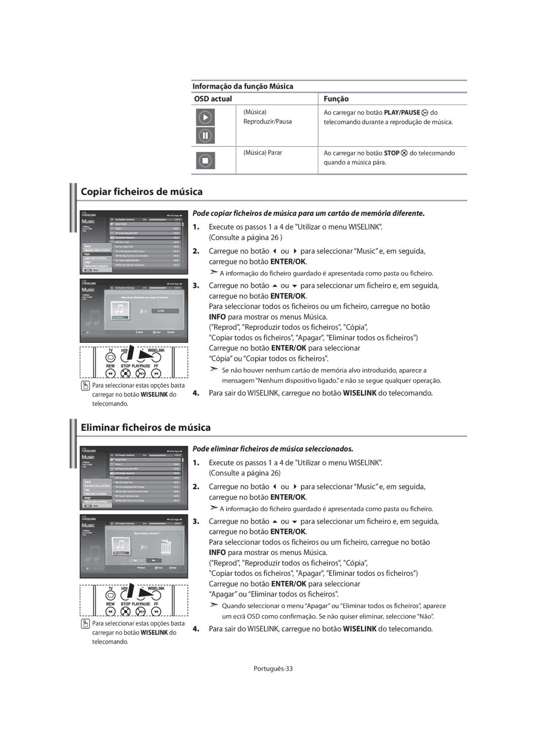 Samsung LE40M9 Copiar ficheiros de música, Eliminar ficheiros de música, Informação da função Música OSD actual Função 