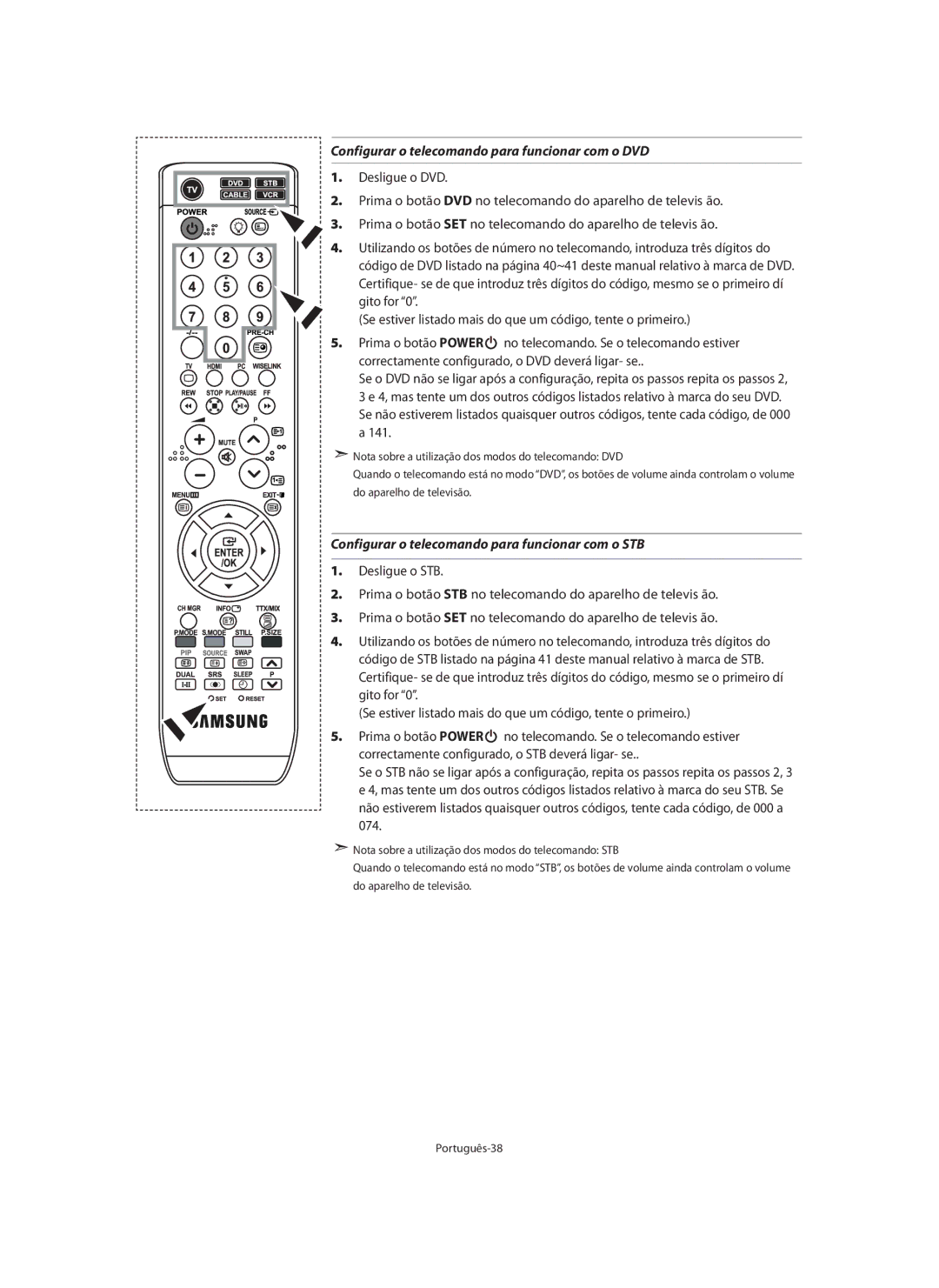 Samsung LE40M9 manual Configurar o telecomando para funcionar com o DVD, Configurar o telecomando para funcionar com o STB 