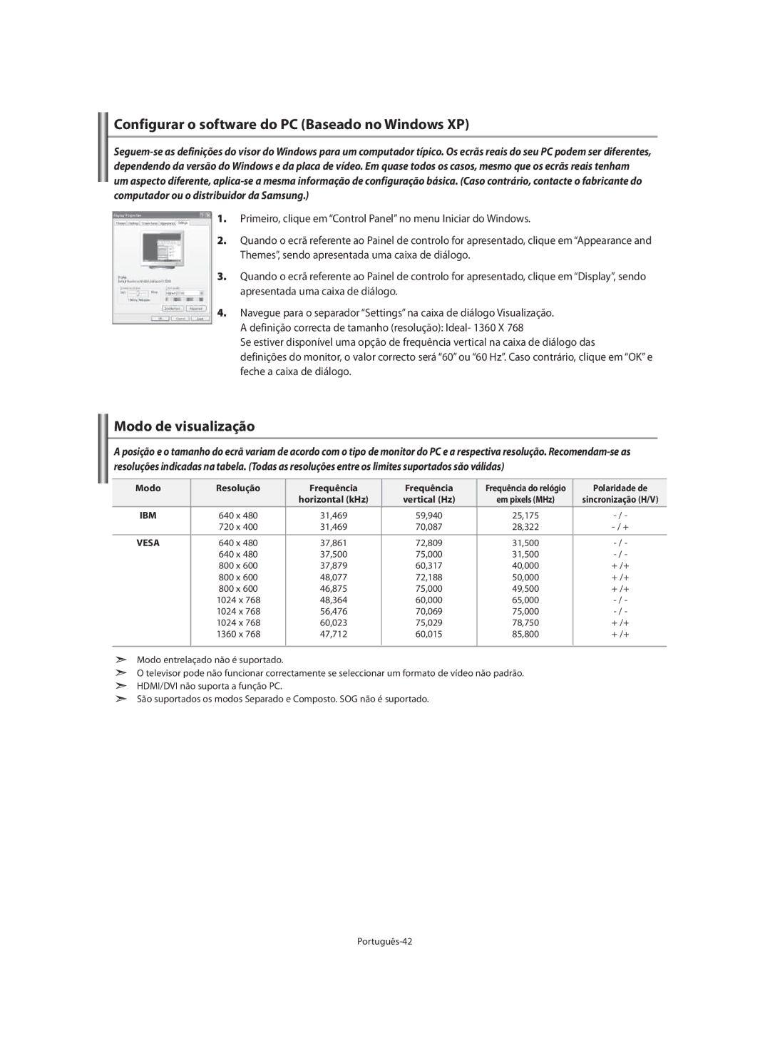 Samsung LE40M9 manual Configurar o software do PC Baseado no Windows XP, Modo de visualização, Modo Resolução Frequência 