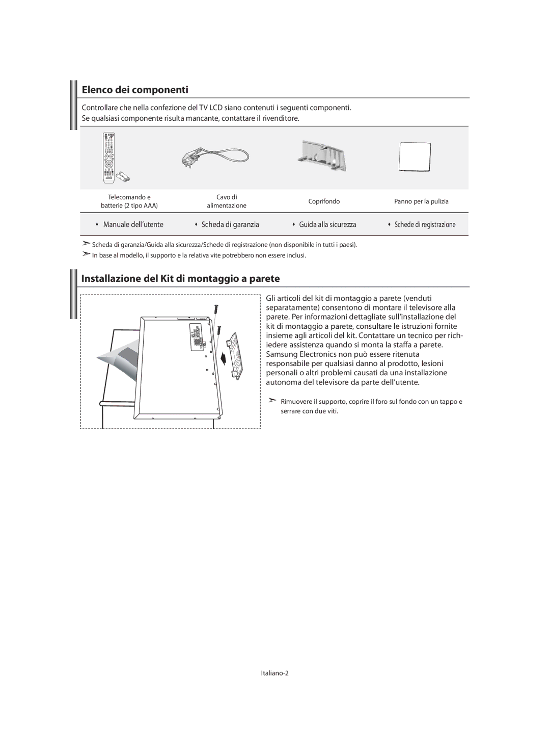 Samsung LE40M9 manual Elenco dei componenti, Installazione del Kit di montaggio a parete, Œ Manuale dell’utente 