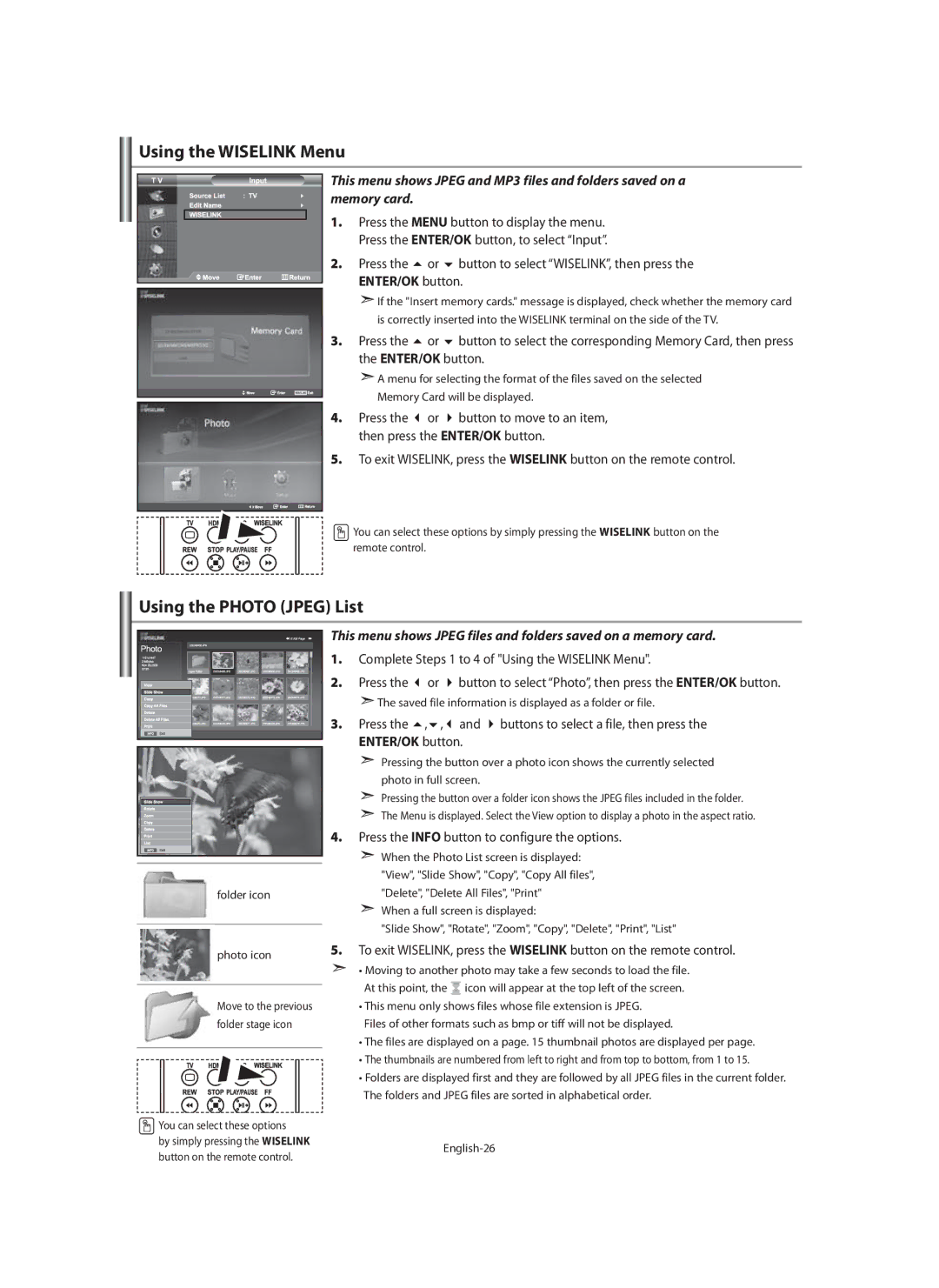 Samsung LE40M9 manual Using the Wiselink Menu, Using the Photo Jpeg List 