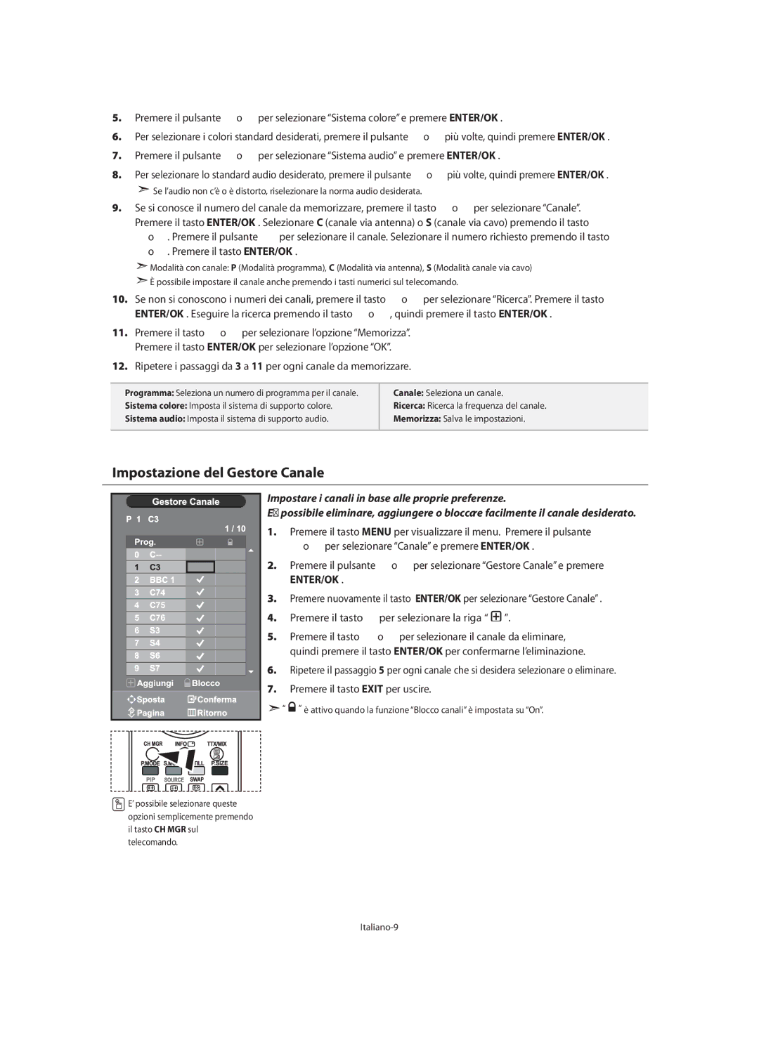 Samsung LE40M9 manual Impostazione del Gestore Canale, Premere il tasto Per selezionare il canale da eliminare 