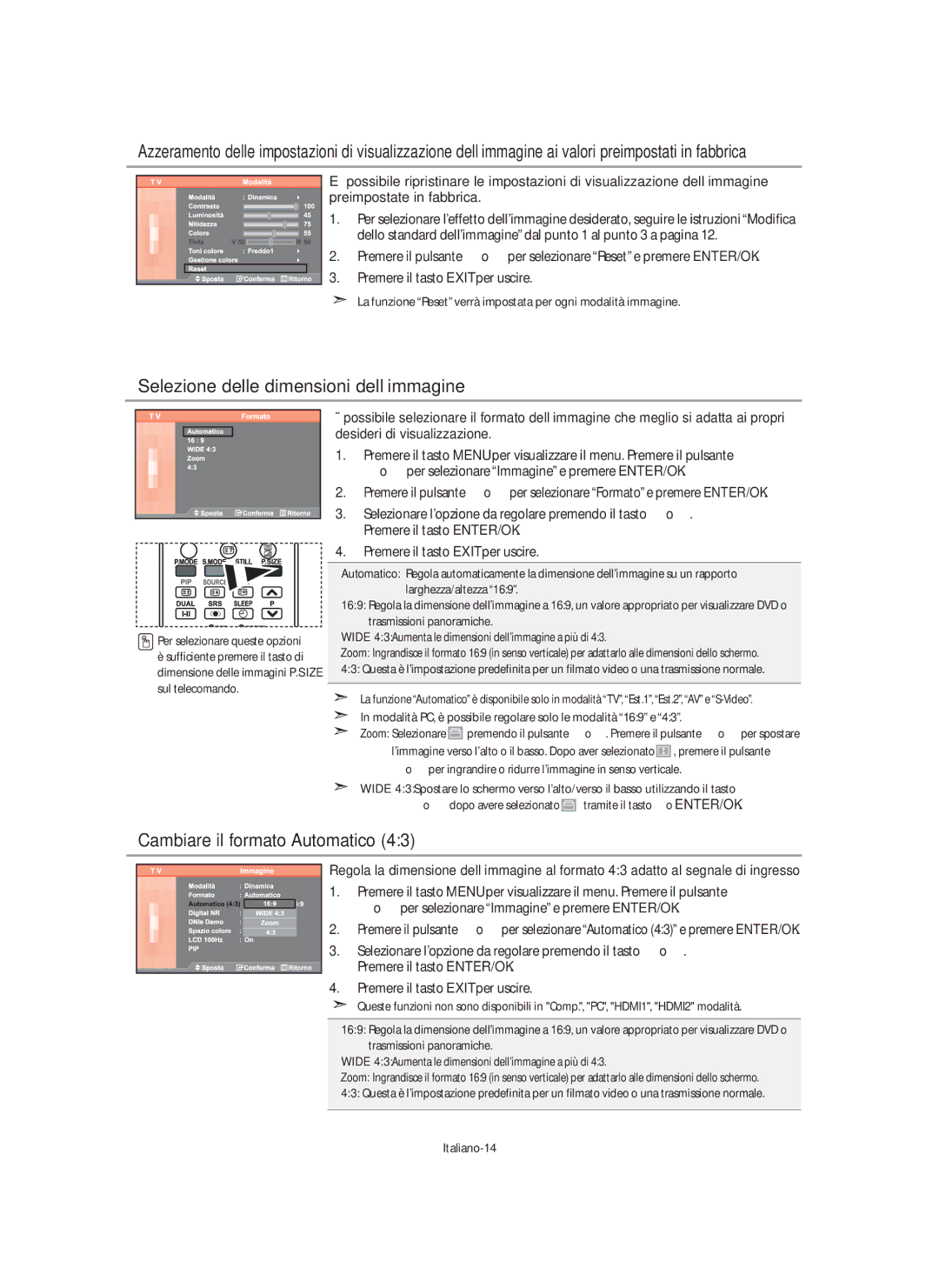 Samsung LE40M9 manual Selezione delle dimensioni dell’immagine, Cambiare il formato Automatico, Premere il tasto ENTER/OK 