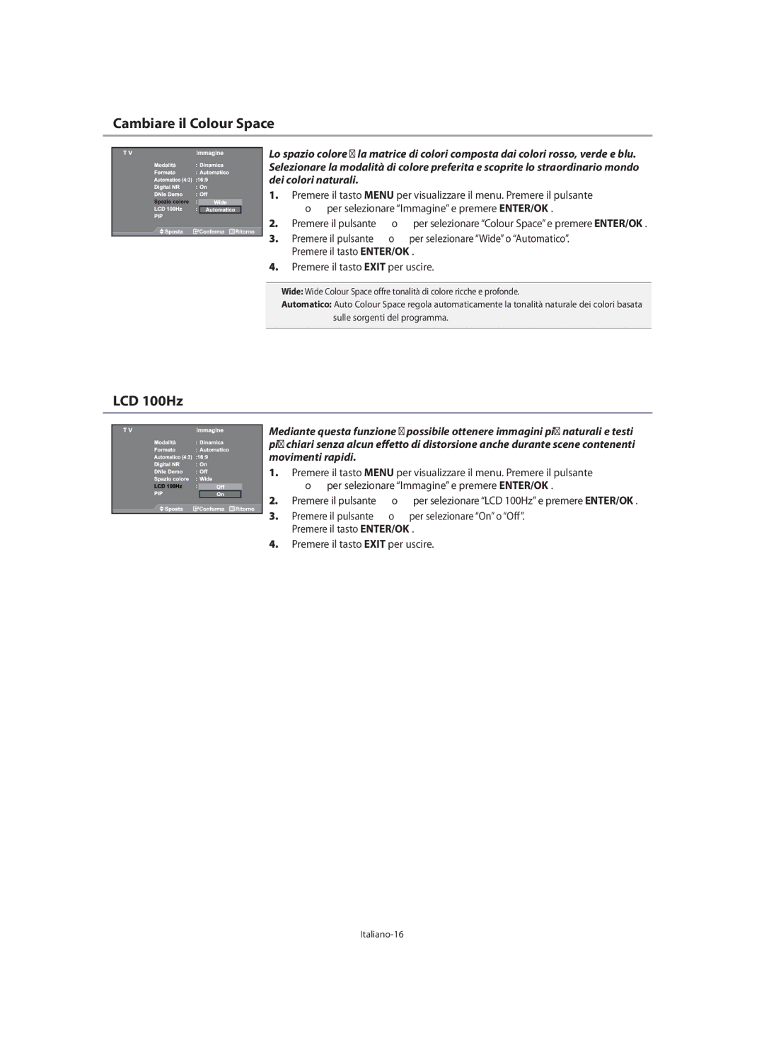 Samsung LE40M9 manual Cambiare il Colour Space, LCD 100Hz, Per selezionare Wide o Automatico, Italiano-16 