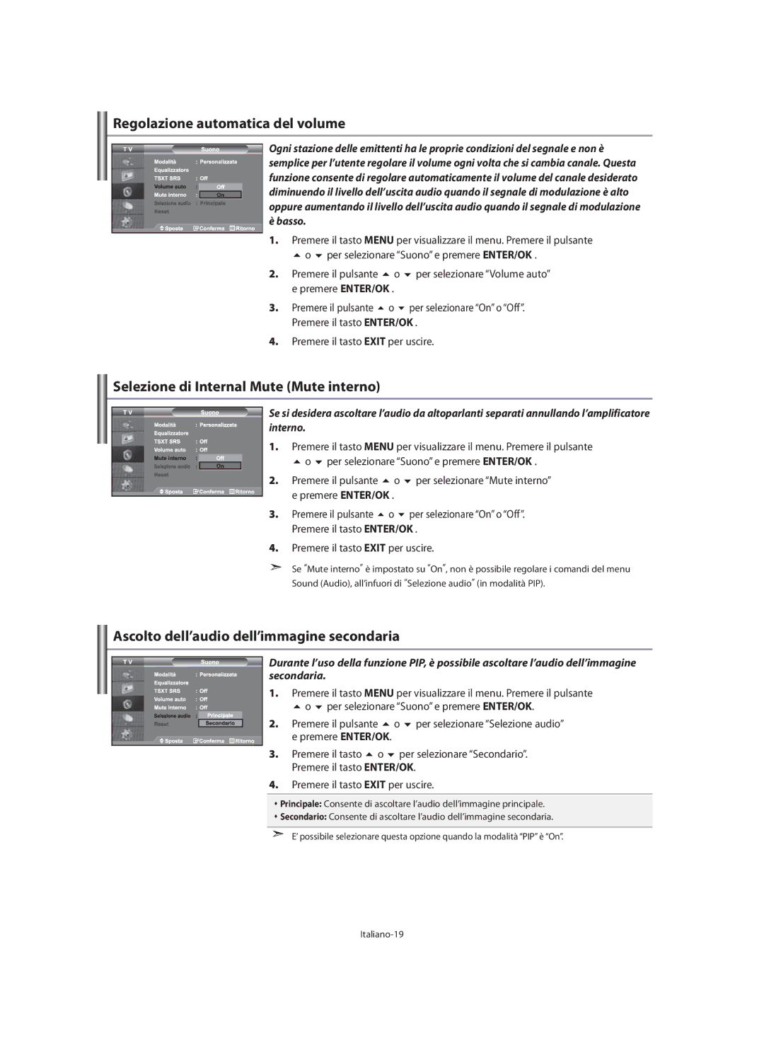 Samsung LE40M9 Regolazione automatica del volume, Selezione di Internal Mute Mute interno, Per selezionare Mute interno 