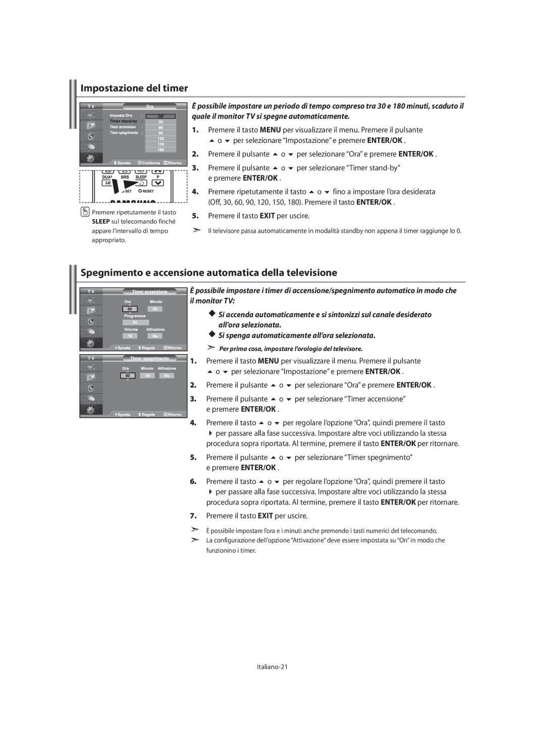 Samsung LE40M9 manual Impostazione del timer, Spegnimento e accensione automatica della televisione 