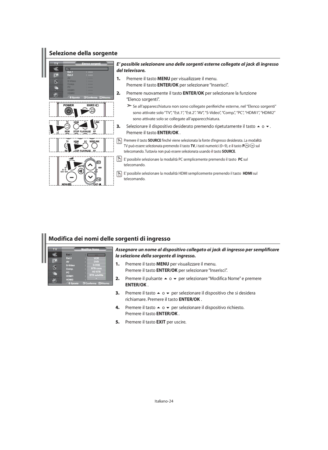 Samsung LE40M9 manual Selezione della sorgente, Modifica dei nomi delle sorgenti di ingresso 