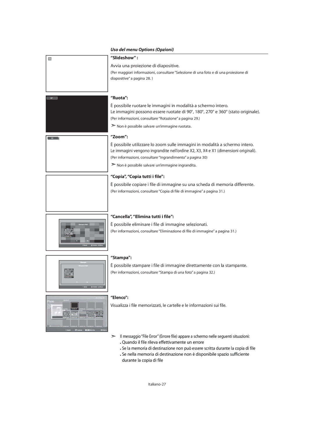 Samsung LE40M9 manual Uso del menu Options Opzioni, Italiano-27 