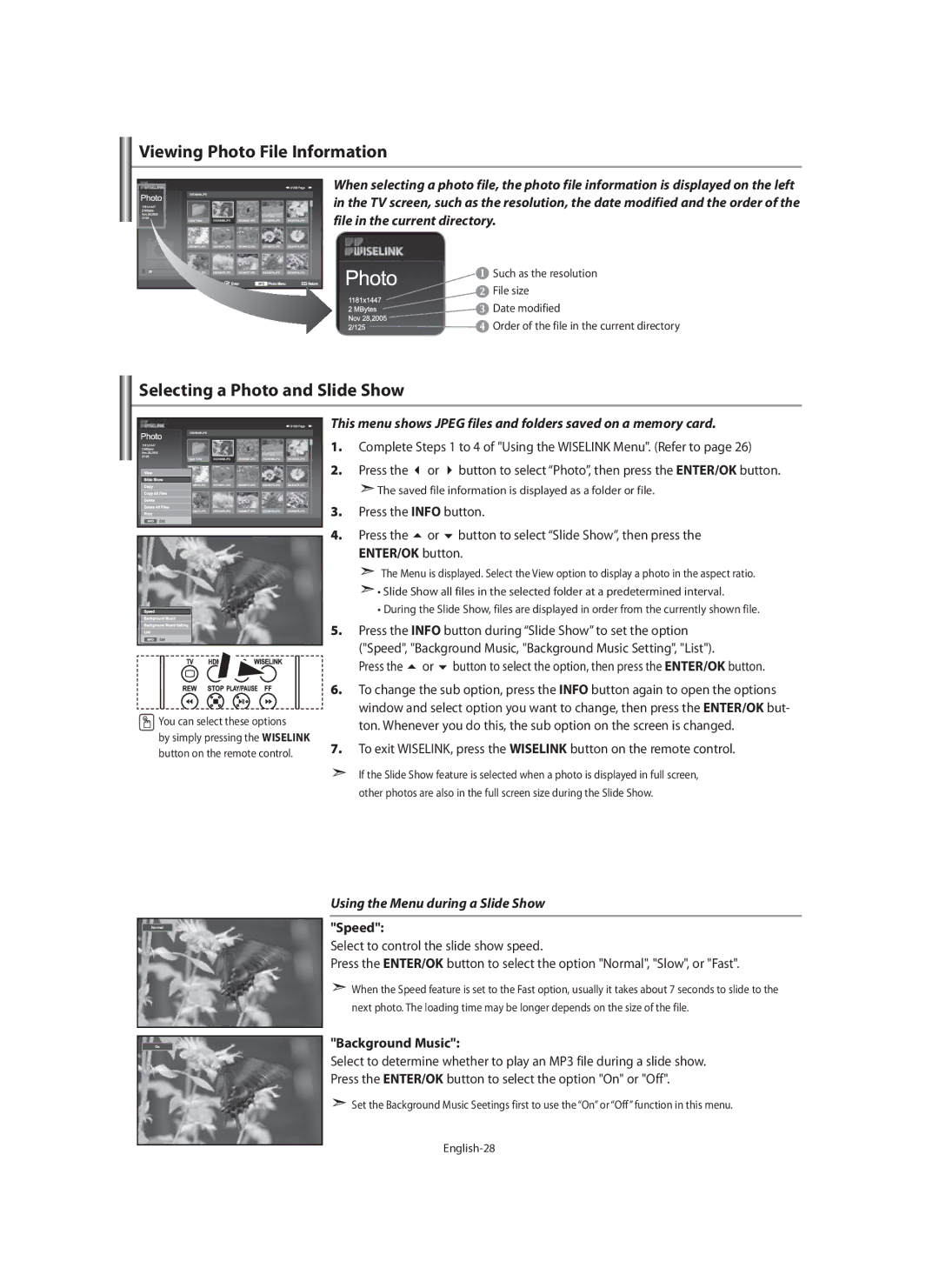 Samsung LE40M9 Viewing Photo File Information, Selecting a Photo and Slide Show, Using the Menu during a Slide Show, Speed 