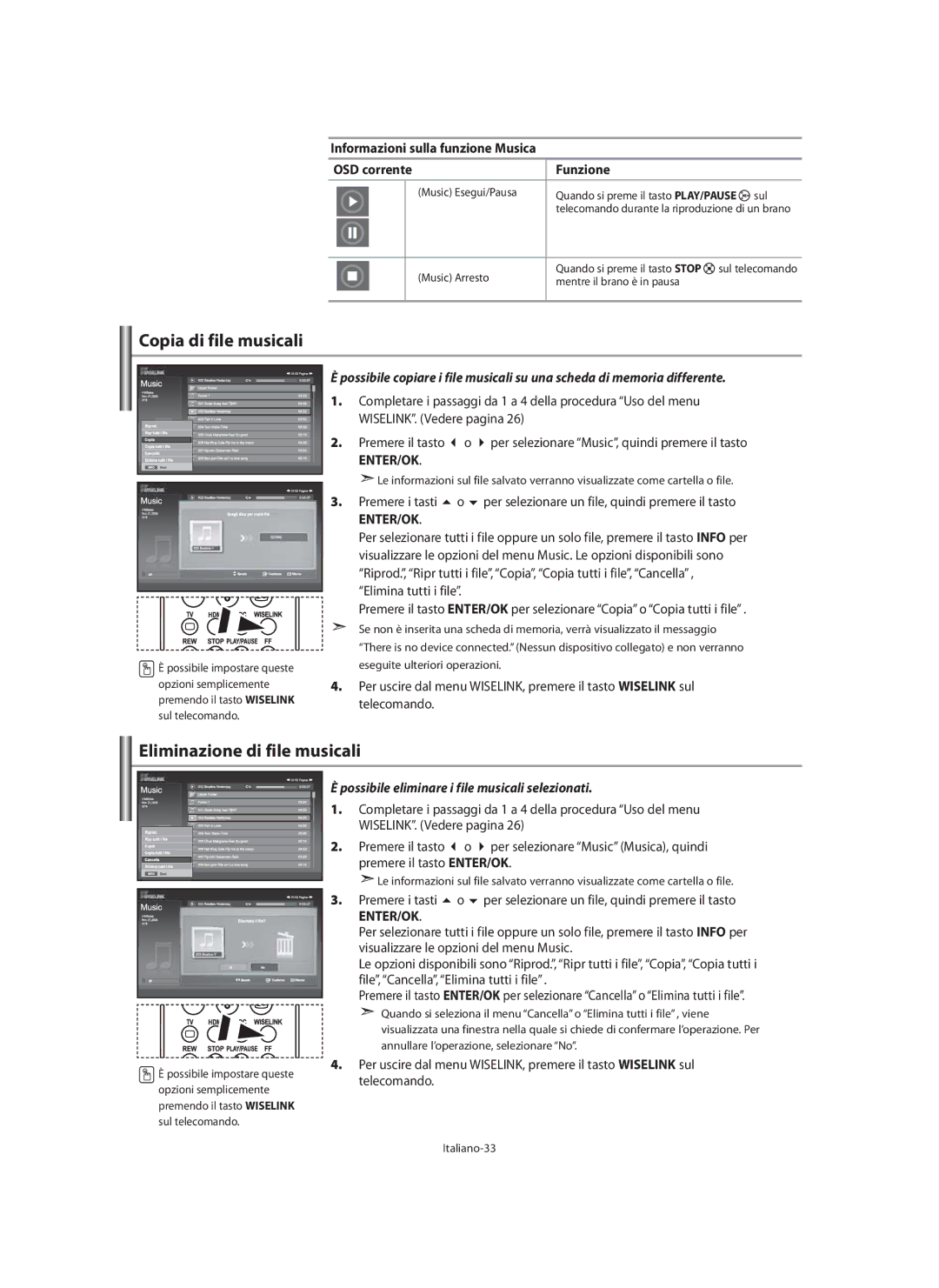 Samsung LE40M9 manual Informazioni sulla funzione Musica OSD corrente Funzione, Italiano-33 