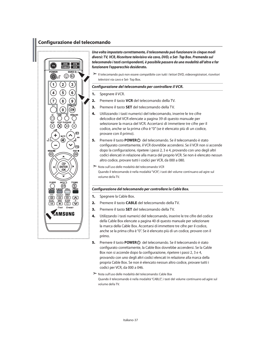 Samsung LE40M9 manual Configurazione del telecomando per controllare la Cable Box 