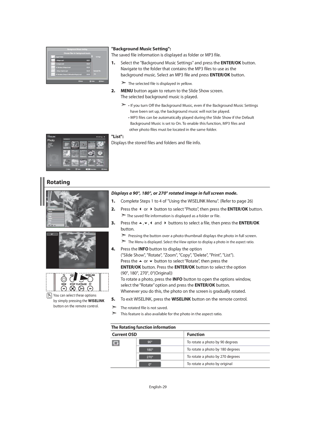 Samsung LE40M9 manual Rotating, Background Music Setting, Saved file information is displayed as folder or MP3 file 